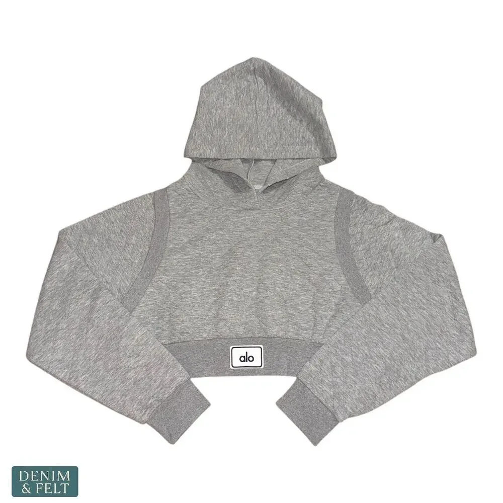Alo Yoga Quilted Cropped‎ Arena Hoodie Gray Diamond Knit Pullover Gym Sweatshirt